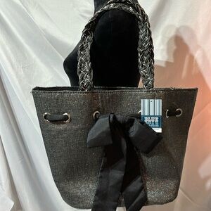 Blue Stars Black Metallic Tote Bag with Black Bow